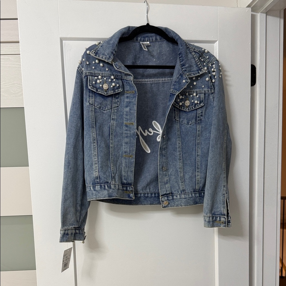 David's Bridal Blue Denim 'Wifey' Pearl Accent Jacket - Picture 2 of 2